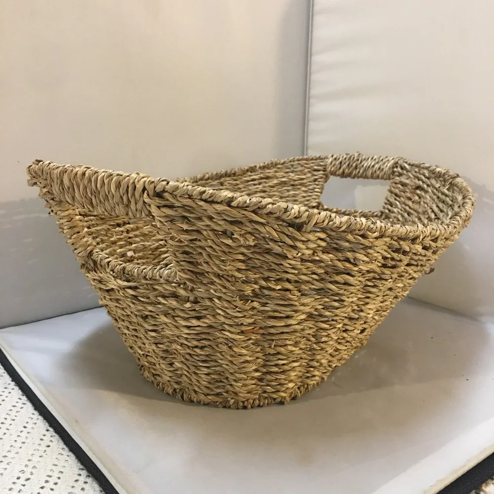 Woven Seagrass Storage Basket Home OS Tan Oval With Handles Cottagecore Bohemian